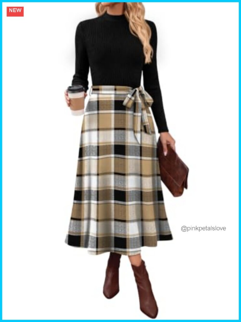 OFEEFAN Mock Neck Long Sleeve Midi A-Line Dress Tie Waist Ribbed Knit